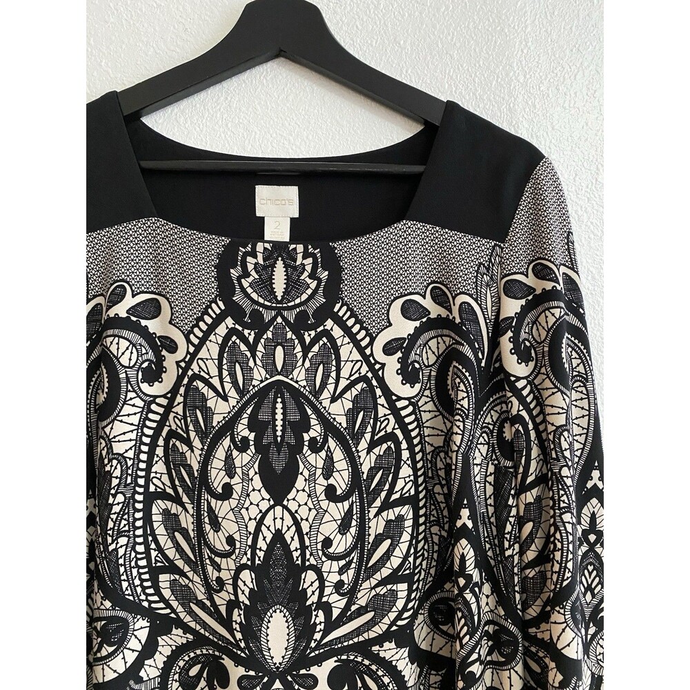 Chico’s Sz 2 (US L) Black White Sheath Shift Dress Knee Length Easy On Off H3